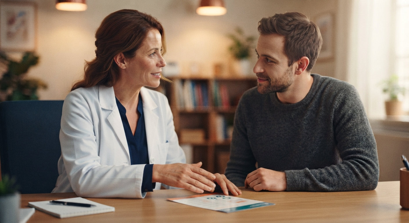 Врач обучает пациента профилактике передозировки